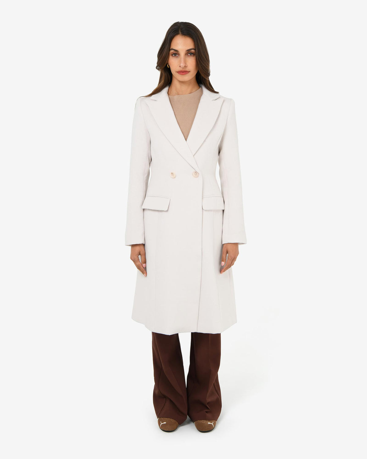 Skylar Hourglass Coat in cream — full-length view 2