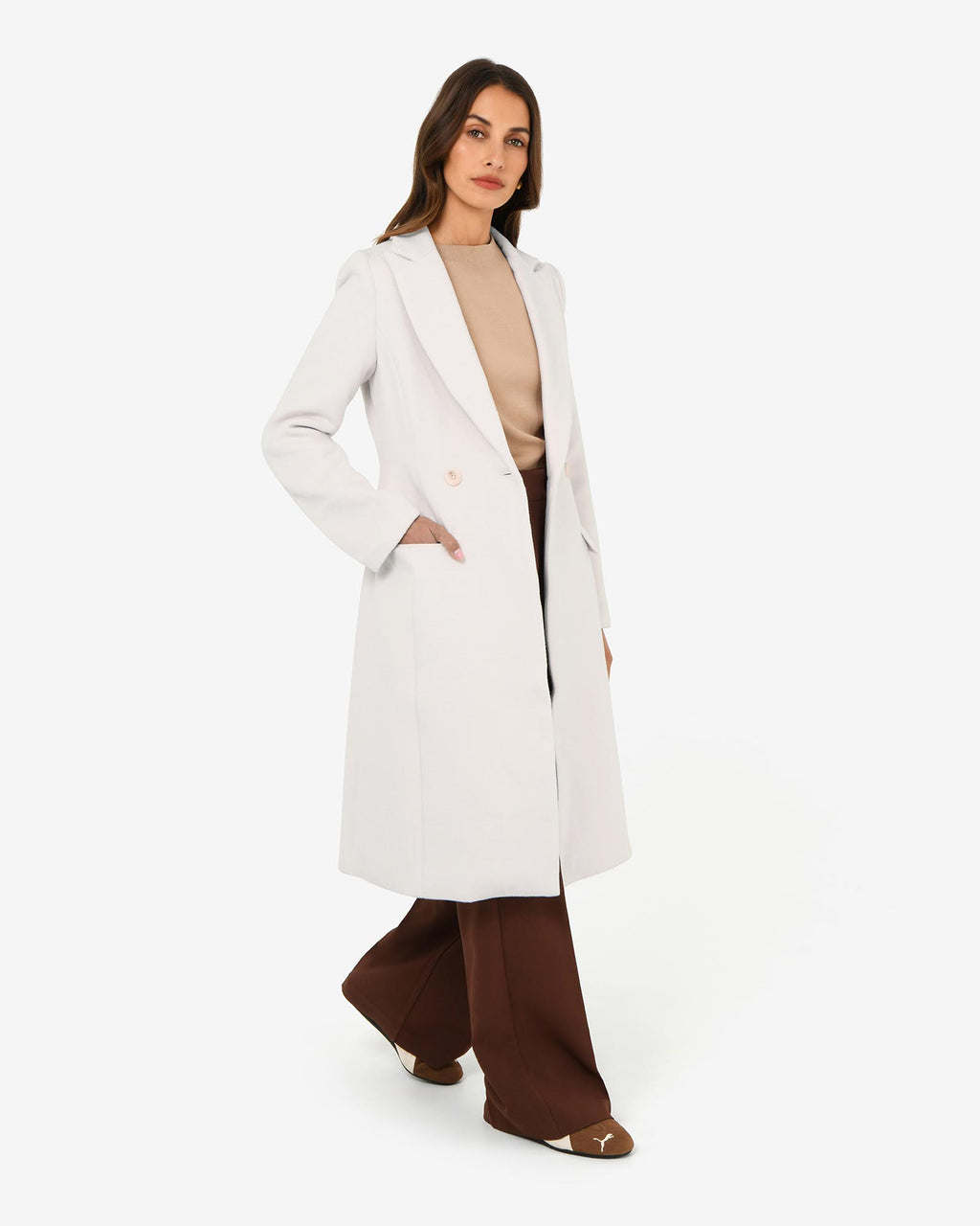 Skylar Hourglass Coat in cream — side view