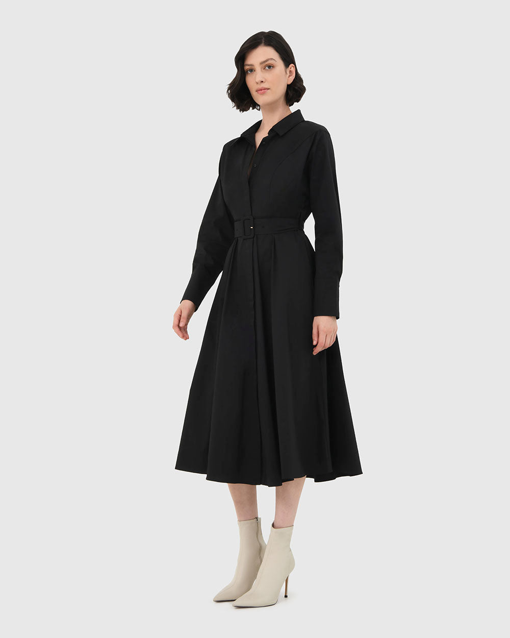 Mazie Cotton Shirt Dress in black — side view