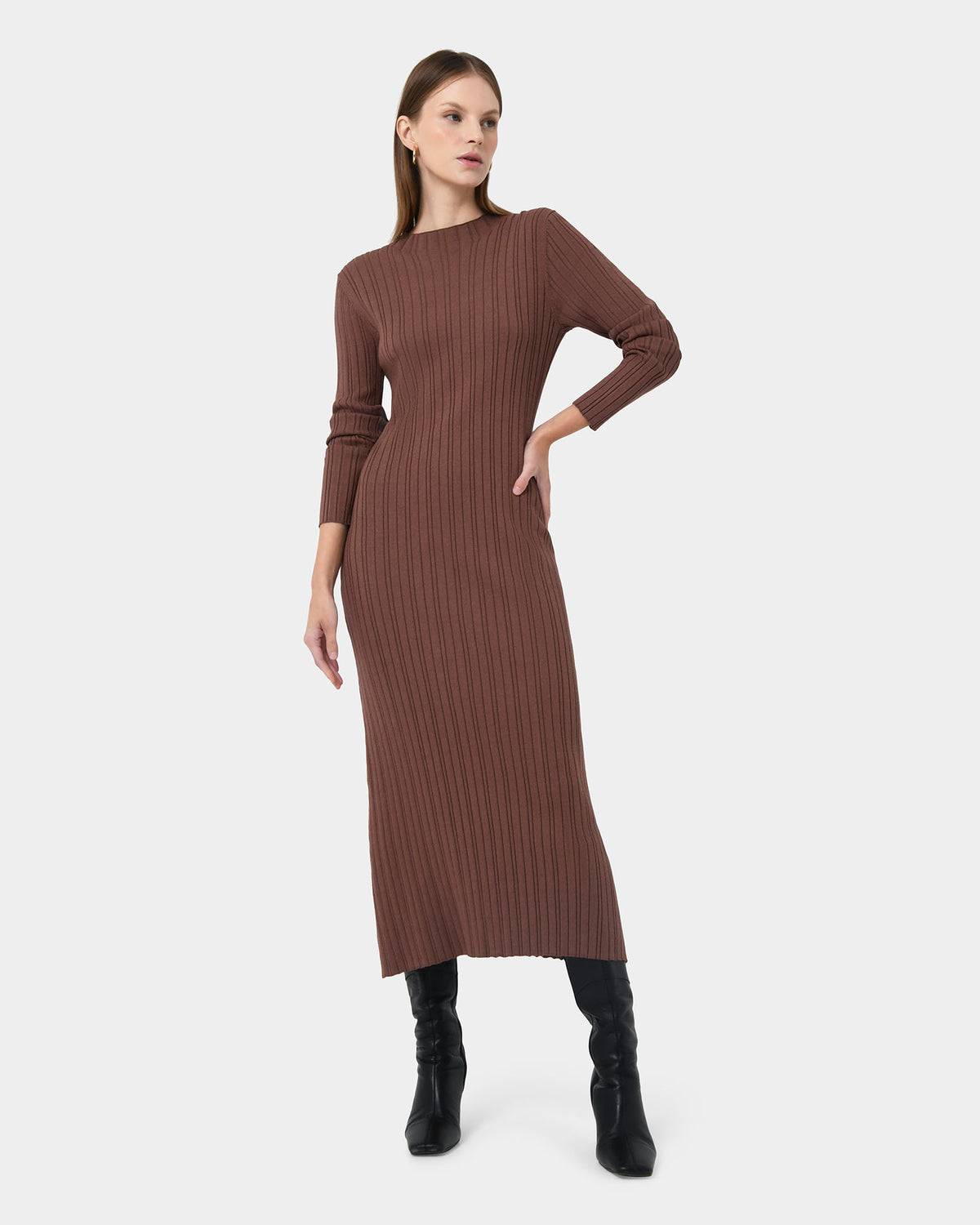 Diana Long Sleeve Knit Dress in mocha — full-length view 2