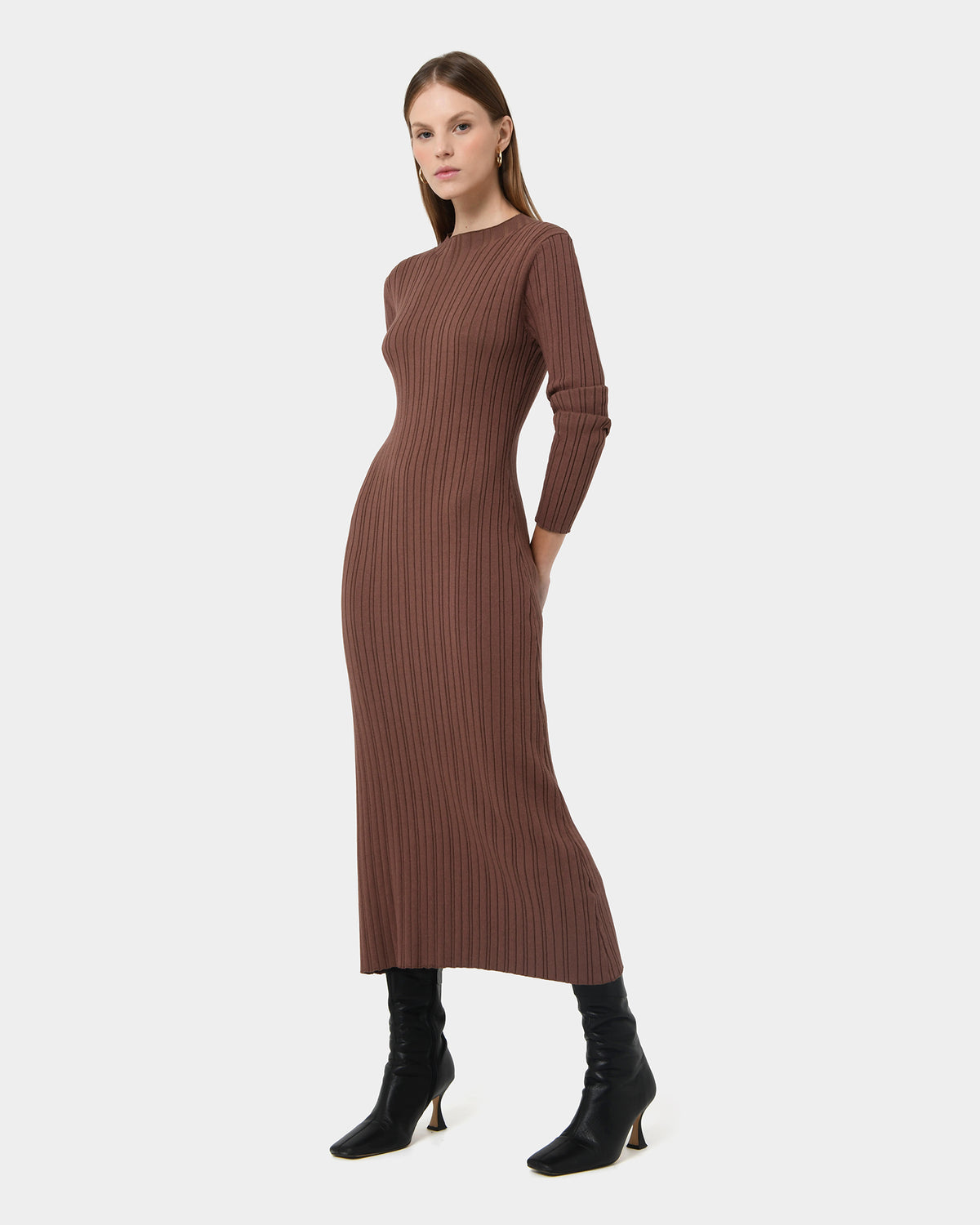 Diana Long Sleeve Knit Dress in mocha — side view