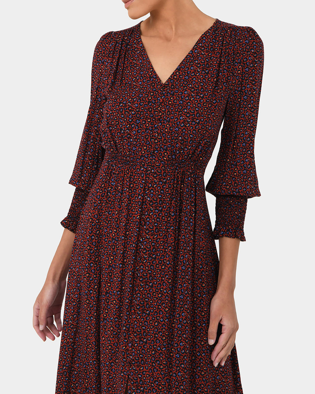 Lilah Animal Print Dress in deep red — close-up view