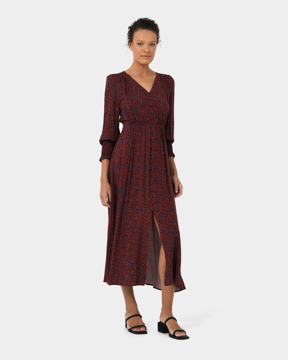 Lilah Animal Print Dress in deep red — full-length view 2