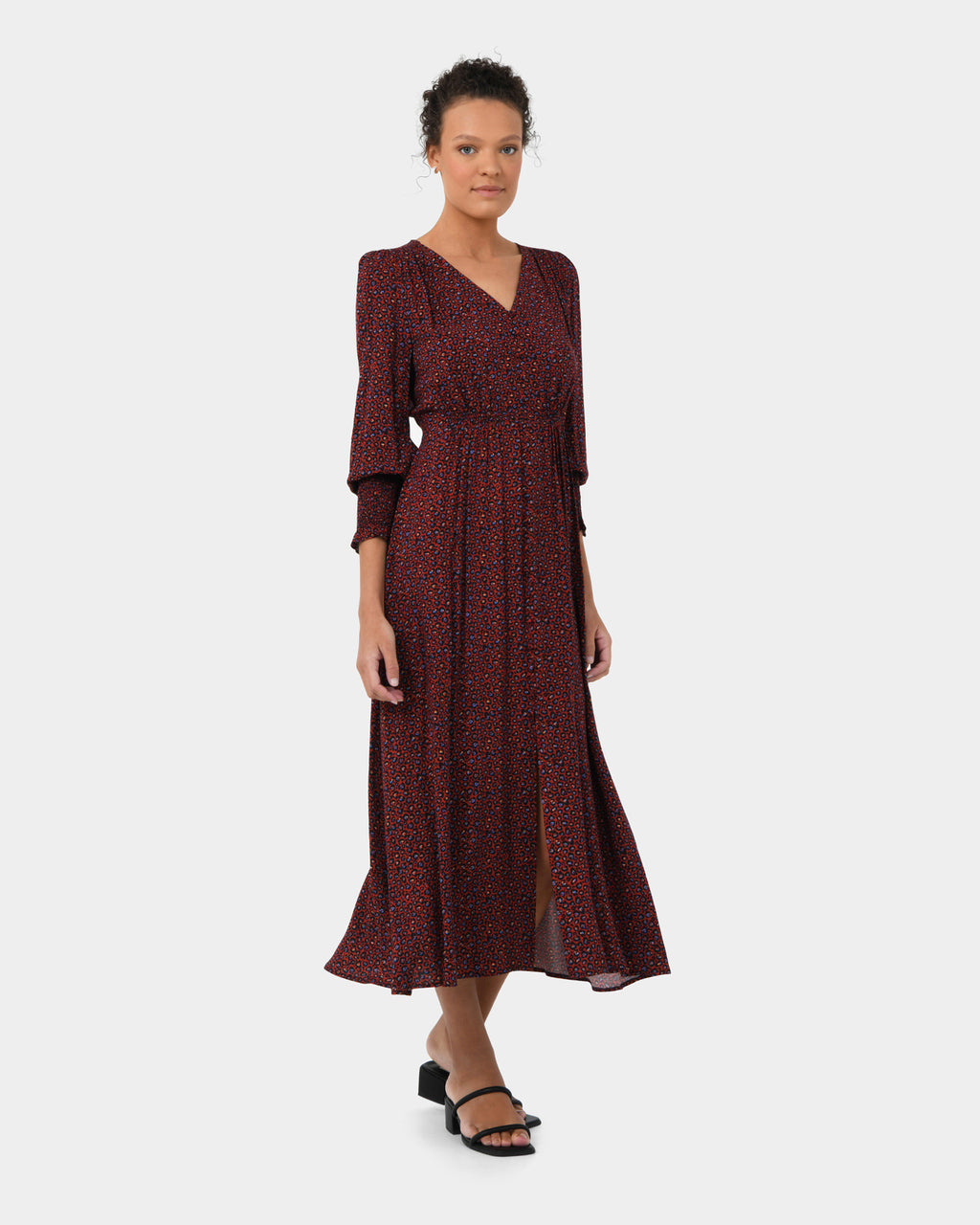 Lilah Animal Print Dress in deep red — side view