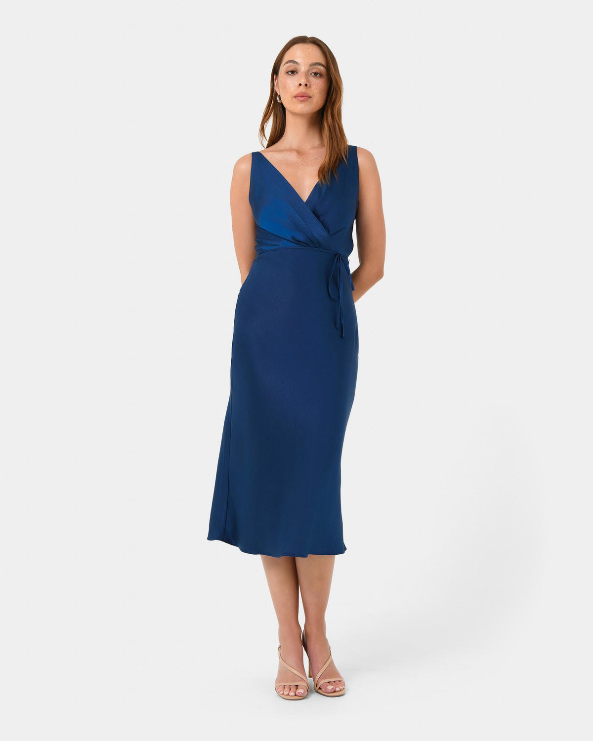 Cherish Tie-Waist Midi Dress in navy — full-length view