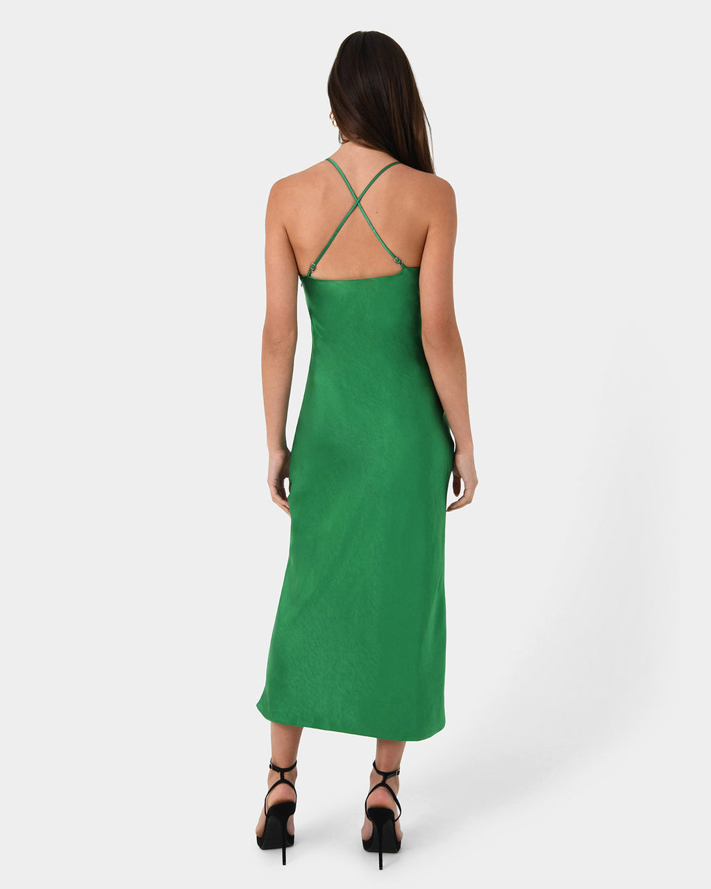 Samaya Satin Midi Dress in green — back view