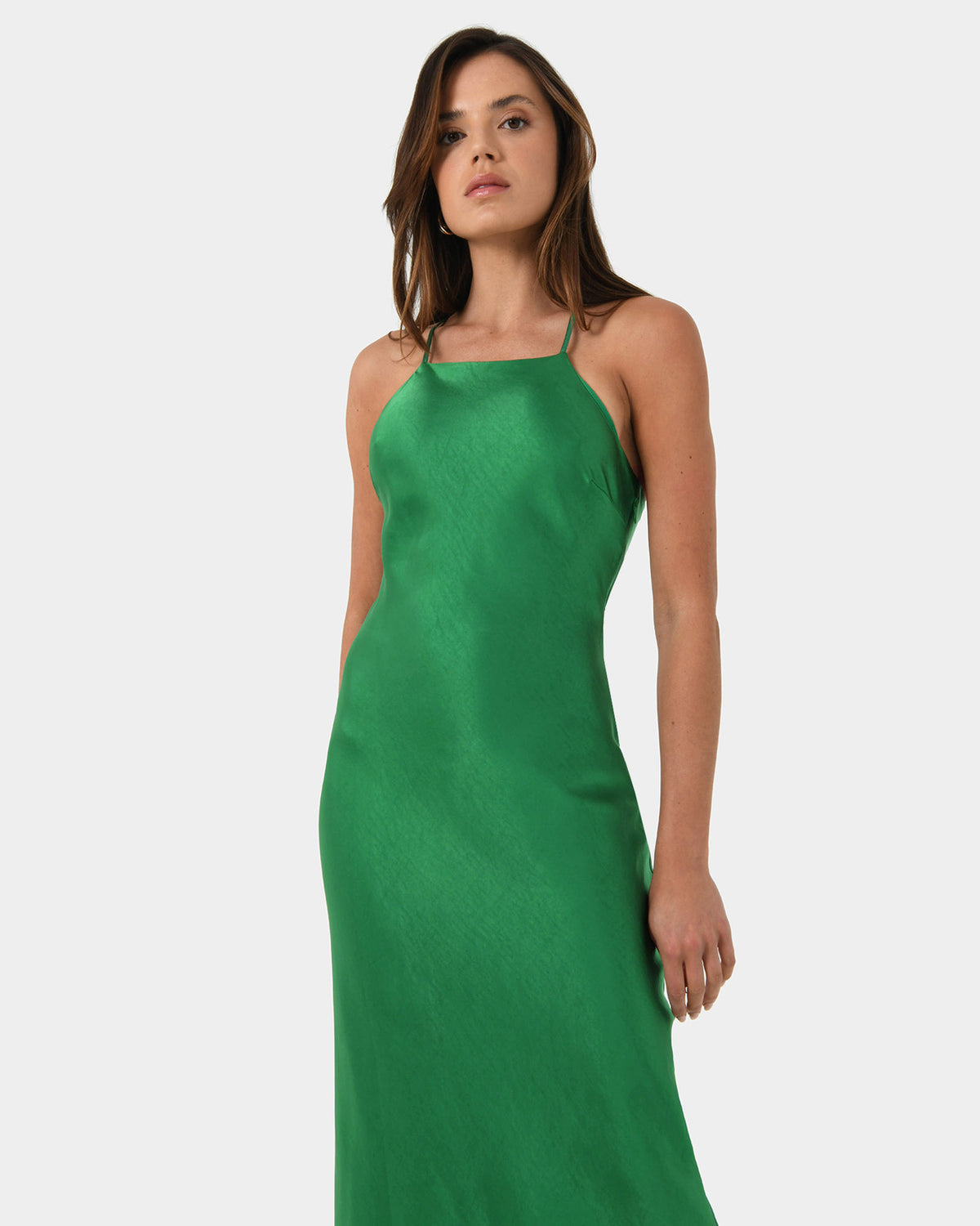 Samaya Satin Midi Dress in green — close-up view