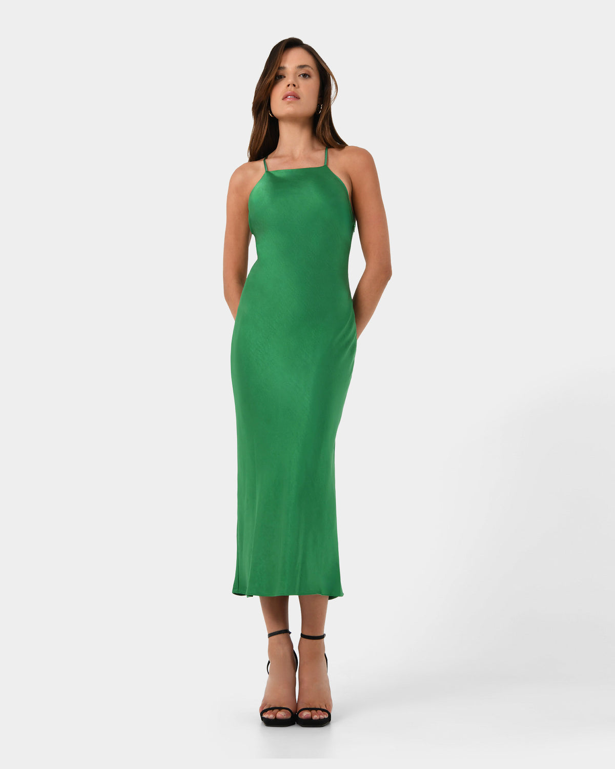 Samaya Satin Midi Dress in green — full-length view 2