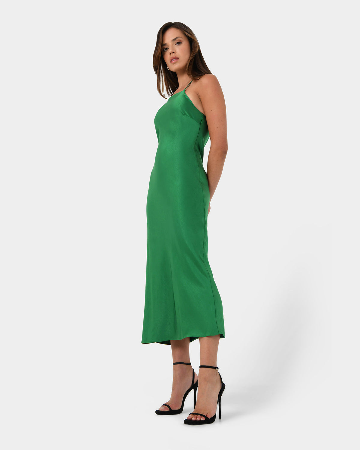 Samaya Satin Midi Dress in green — side view