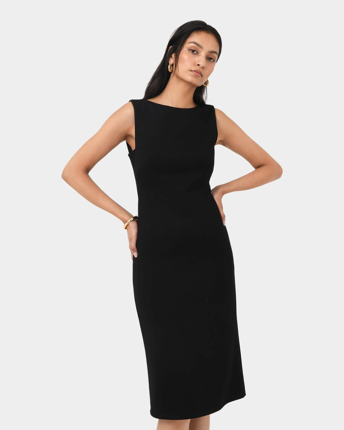 Juno Ponte Fitted Dress in black — close-up view