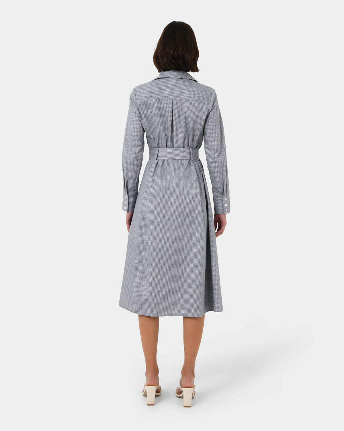 Porto Printed Shirt Dress in navy ivory — back view