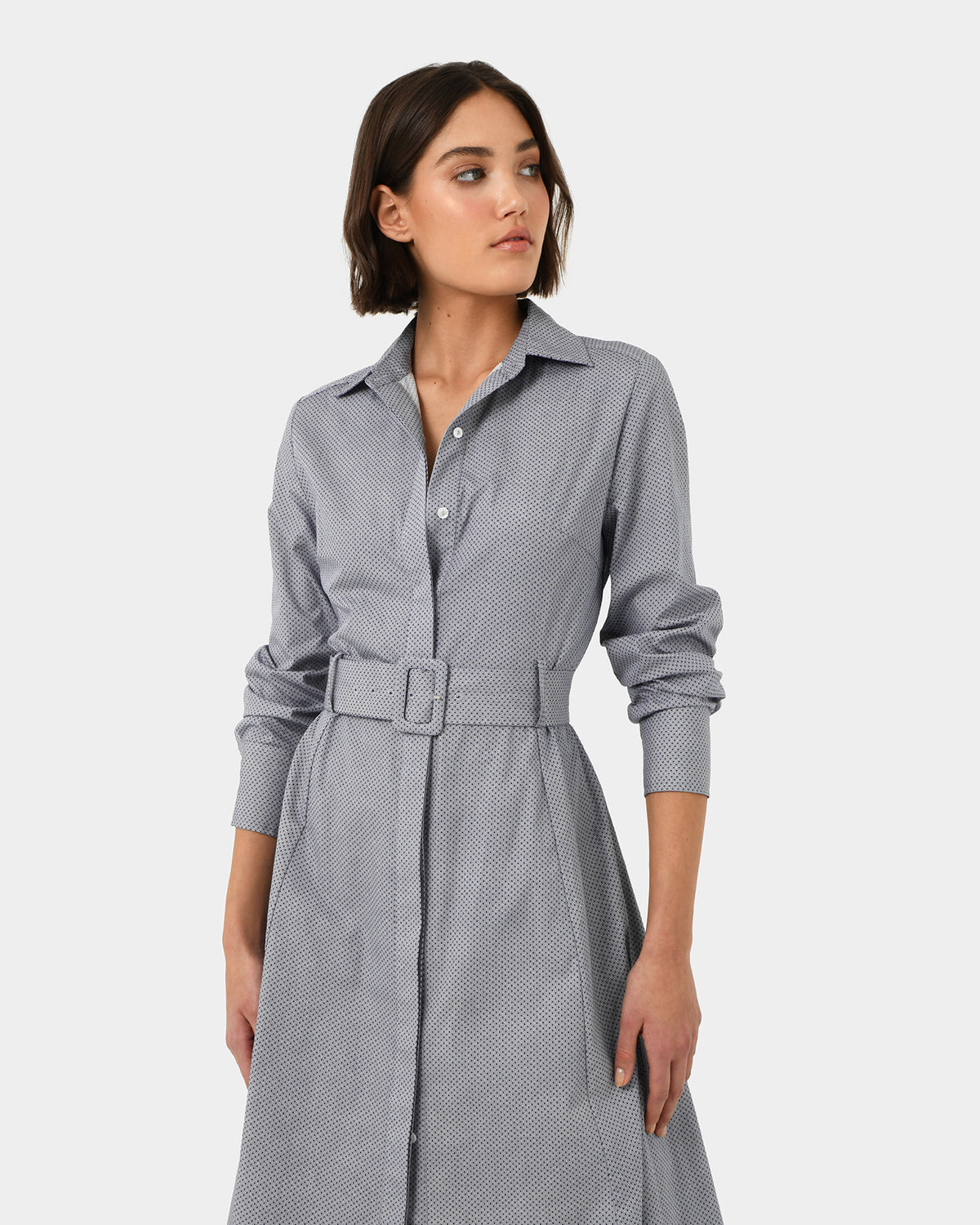 Porto Printed Shirt Dress in navy ivory — close-up view