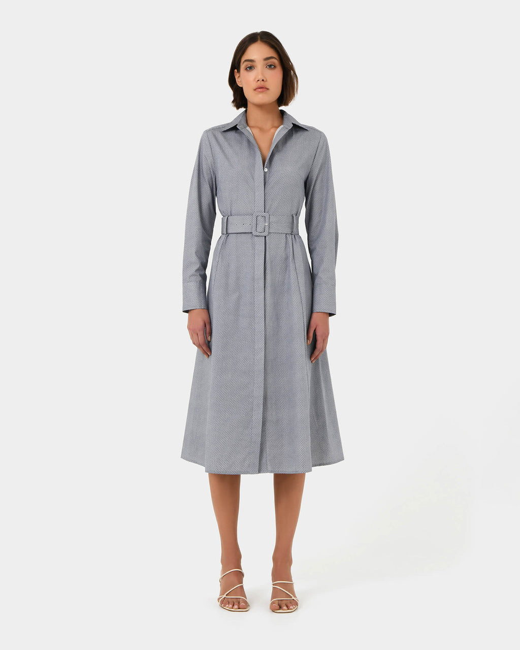 Porto Printed Shirt Dress in navy ivory — full-length view 2