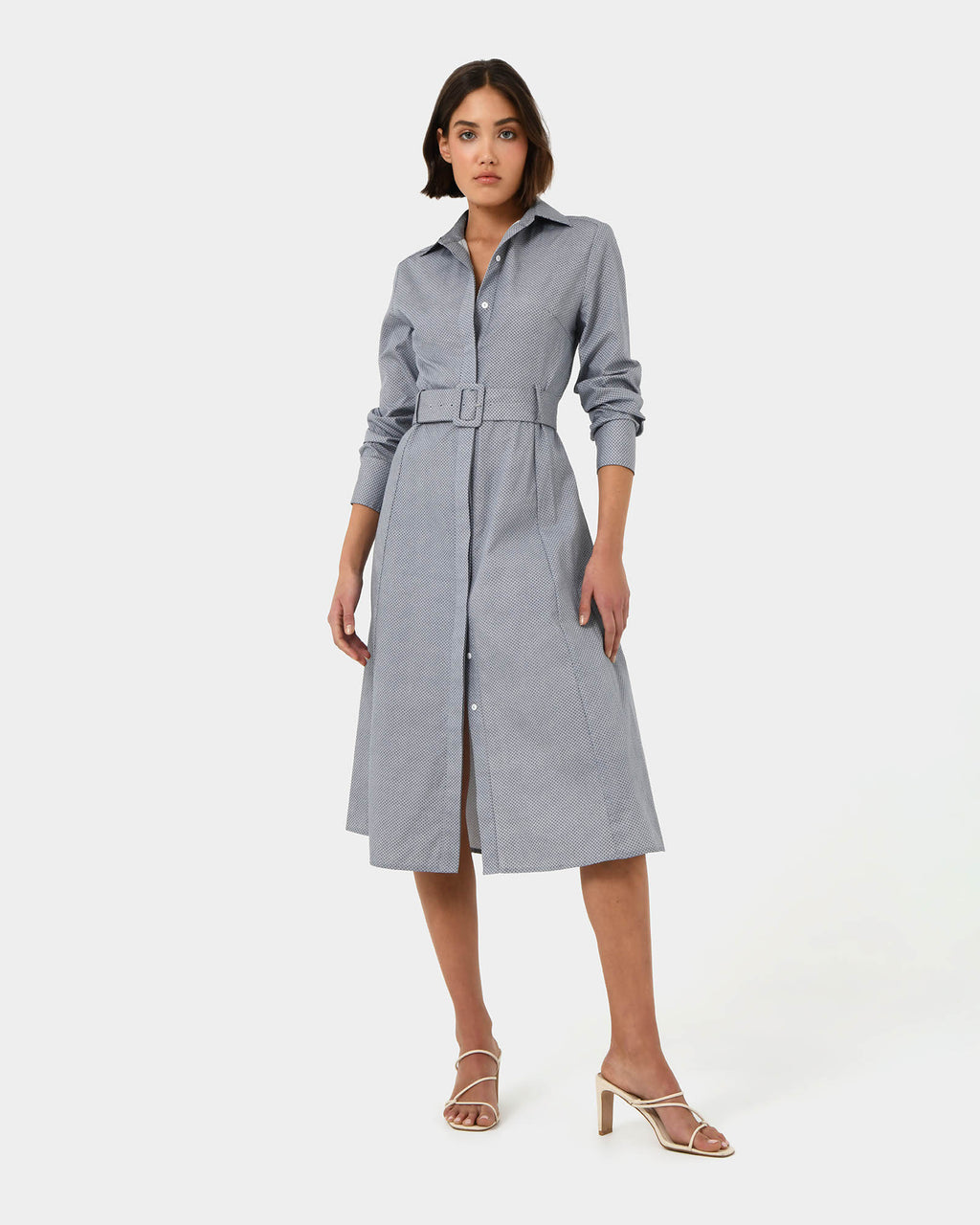 Porto Printed Shirt Dress in navy ivory — full-length view 3