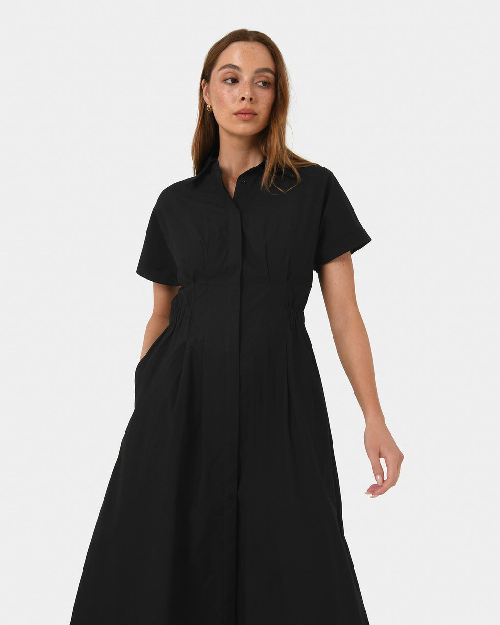 Zara Panel Midi Shirt Dress in black — close-up view