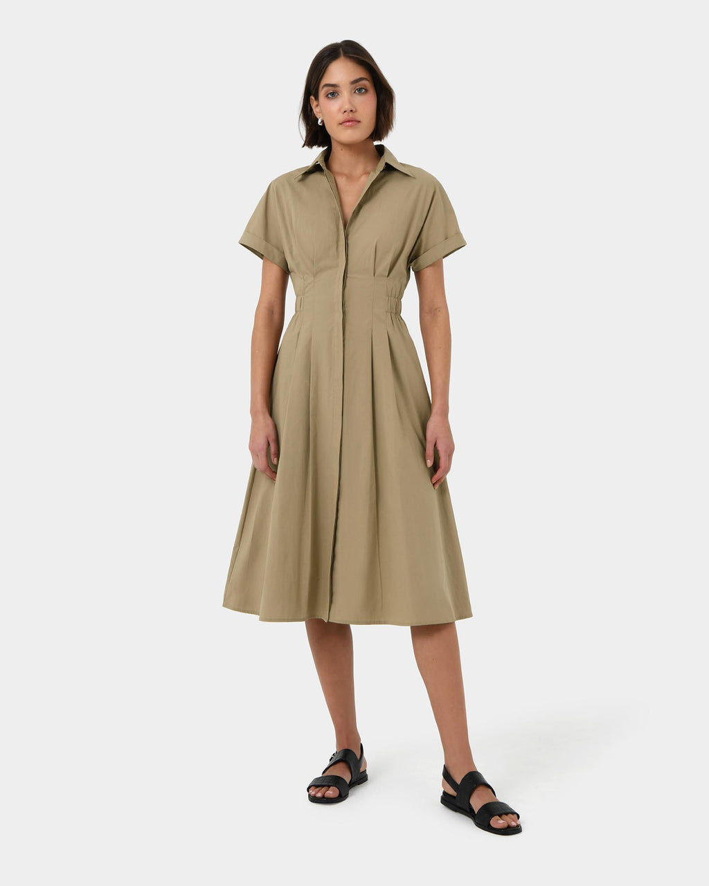 Zara Panel Midi Shirt Dress in safari beige — full-length view