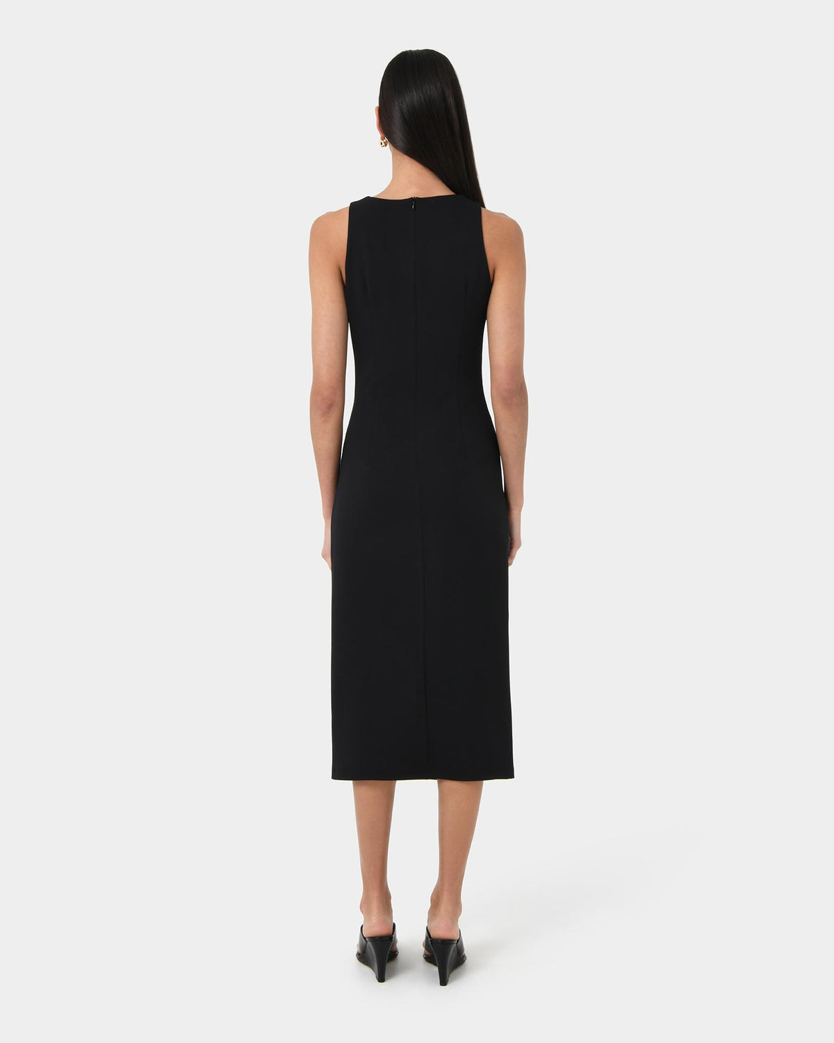 Leah Side Ruched Midi Dress in black — back view