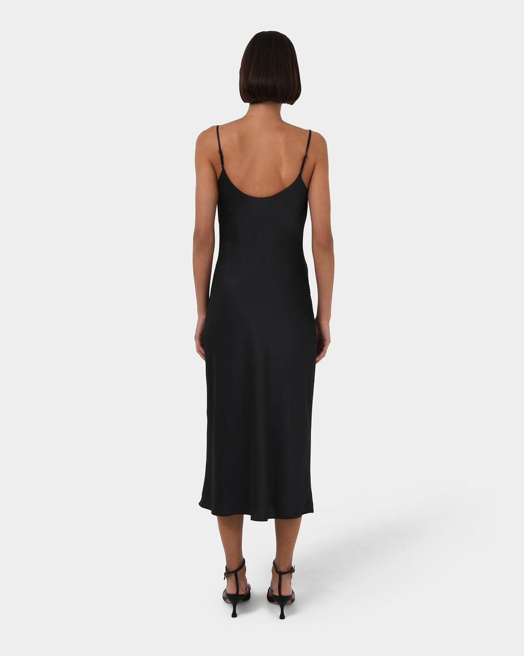 Joy Satin Cowl Neck Dress in black — back view