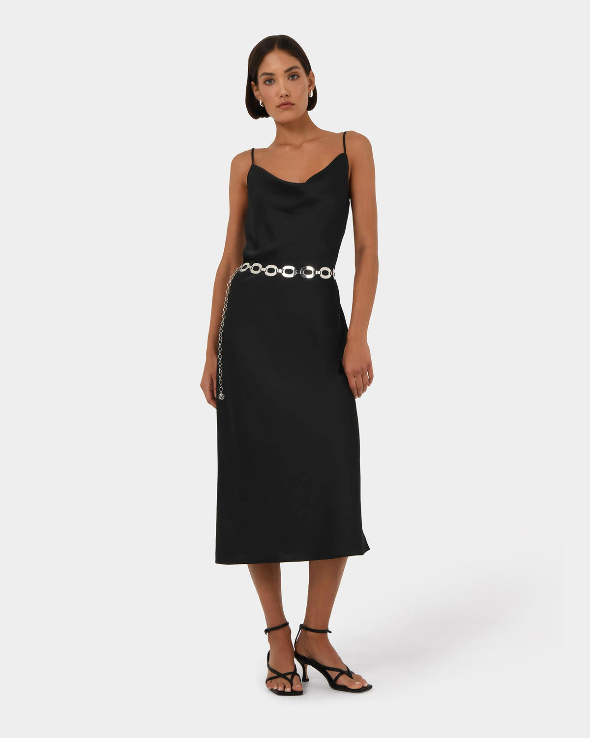 Joy Satin Cowl Neck Dress in black — full-length view 2