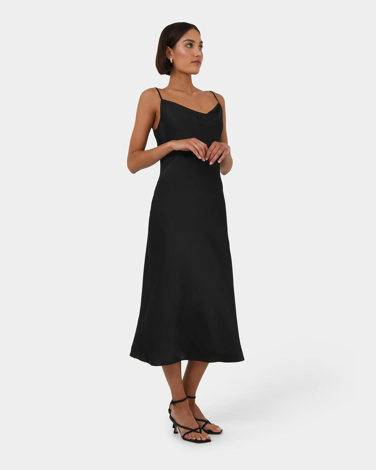 Joy Satin Cowl Neck Dress in black — side view