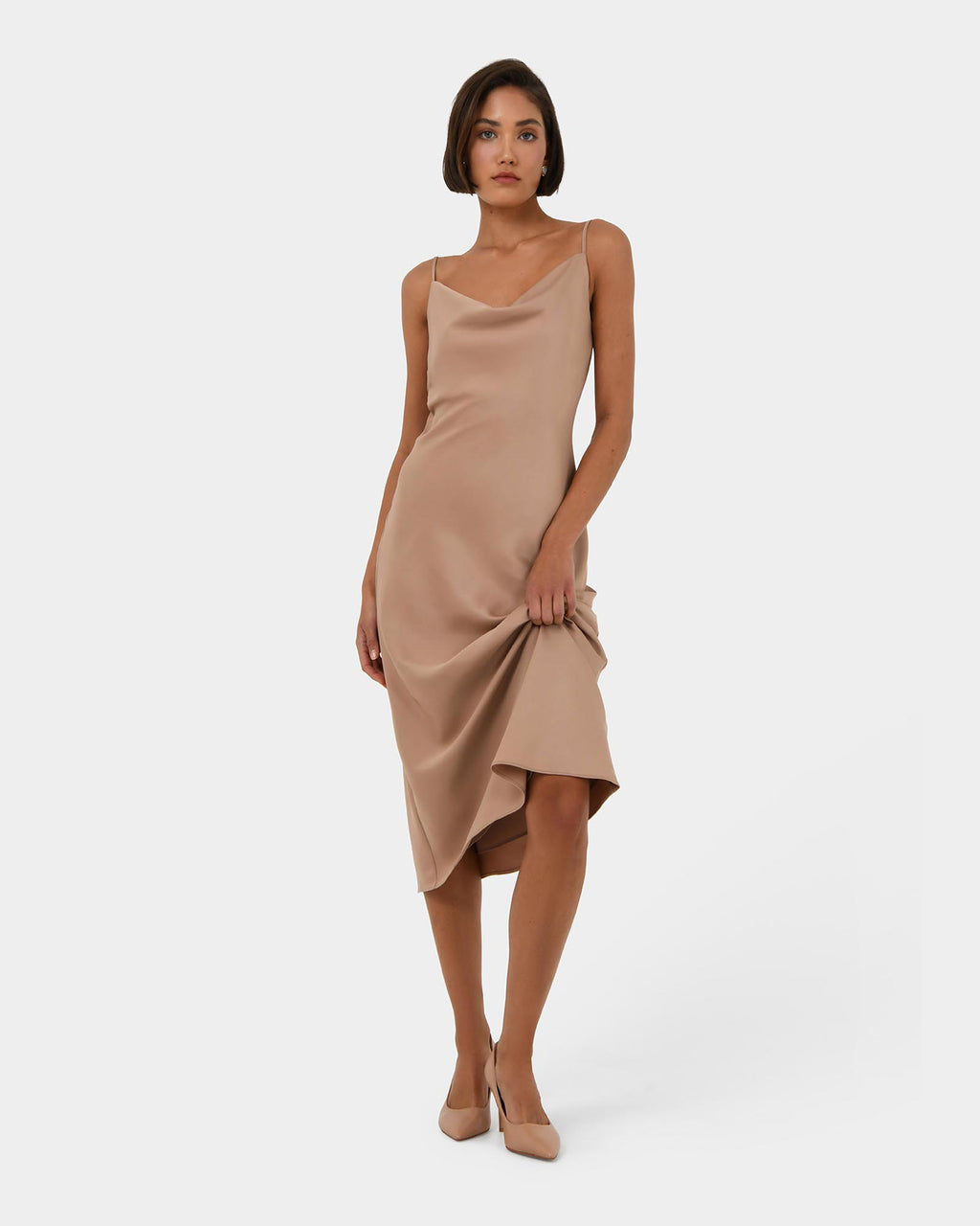Joy Satin Cowl Neck Dress in warm taupe — full-length view