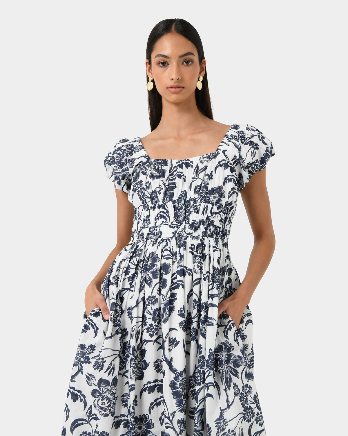 Pearl Floral Cotton Dress in floral print — close-up view