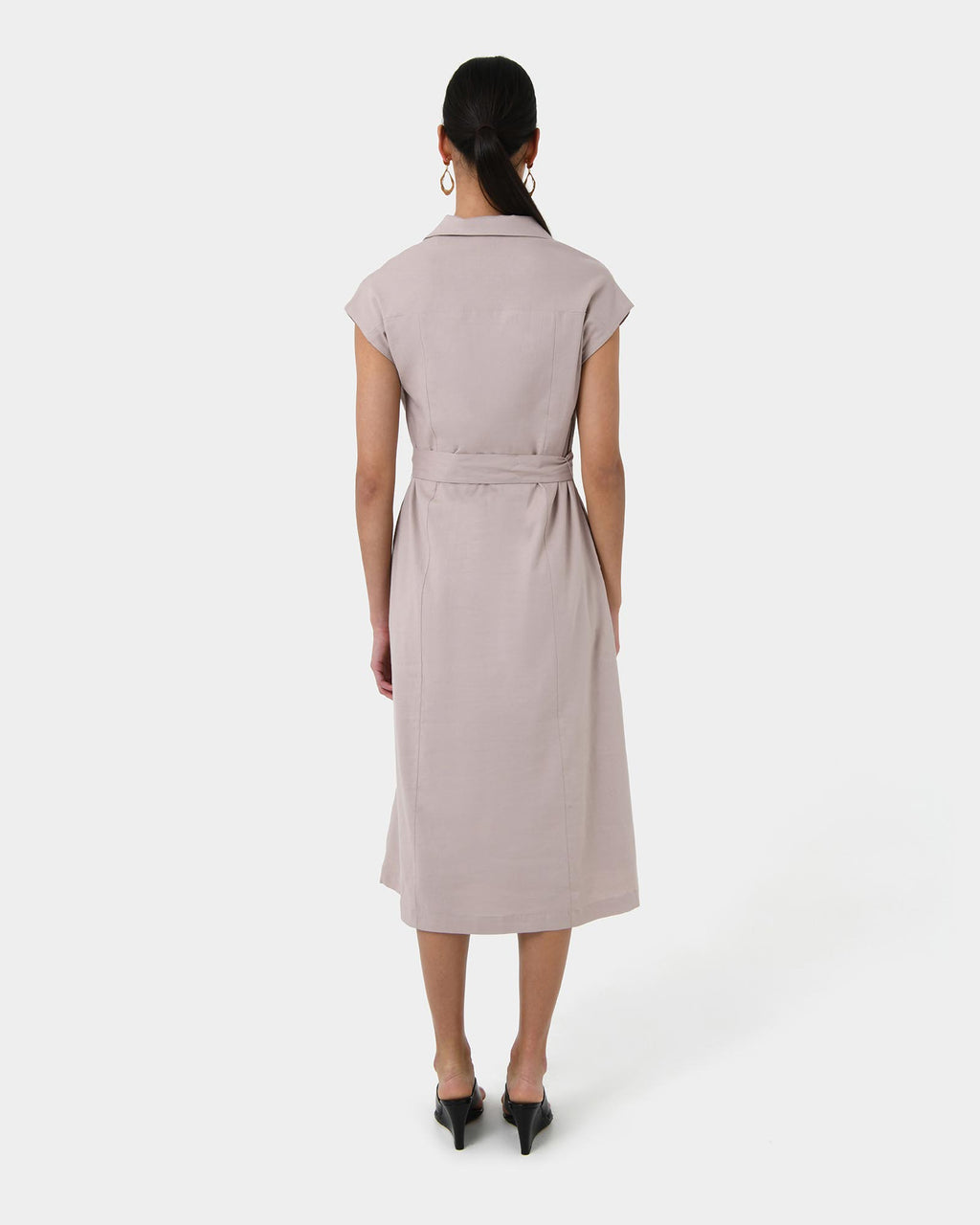 Kade V-neck Linen Dress in light taupe — back view