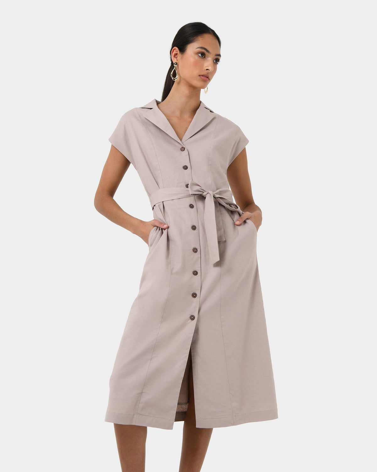 Kade V-neck Linen Dress in light taupe — close-up view