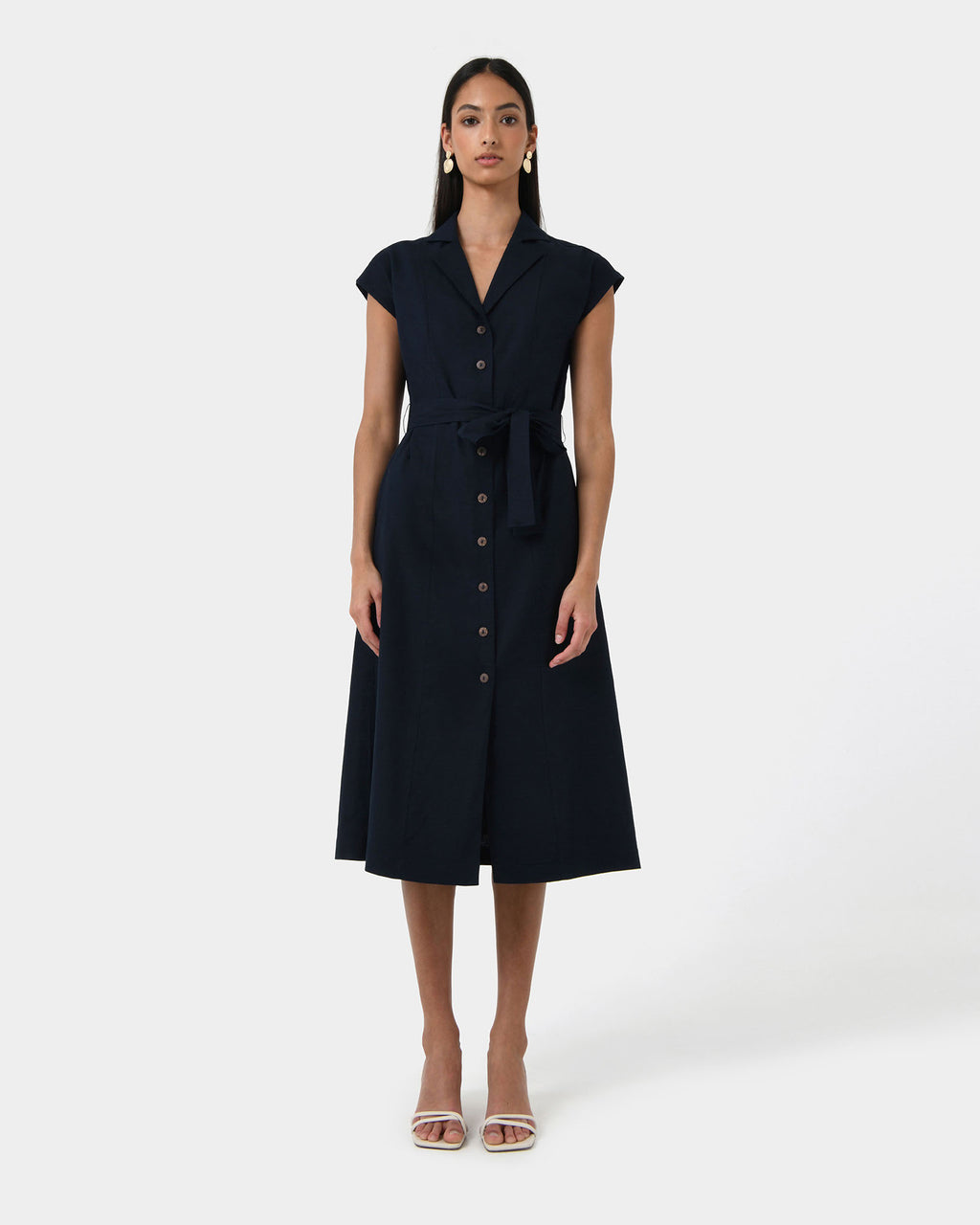 Kade V-neck Linen Dress in navy — full-length view