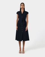 Kade V-neck Linen Dress in navy — full-length view