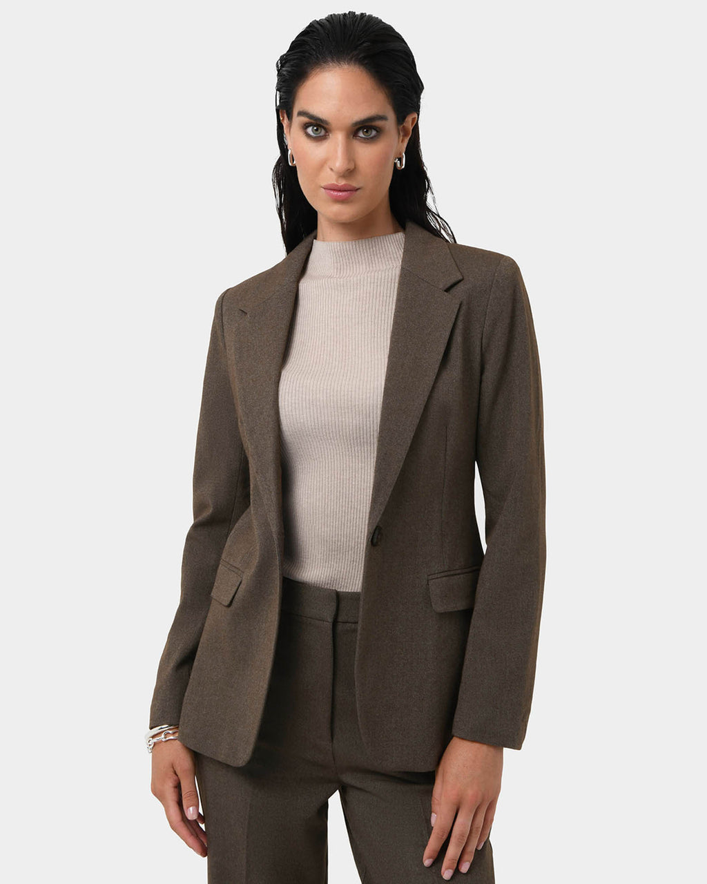 Aviya Single Breasted Blazer in sepia — close-up view