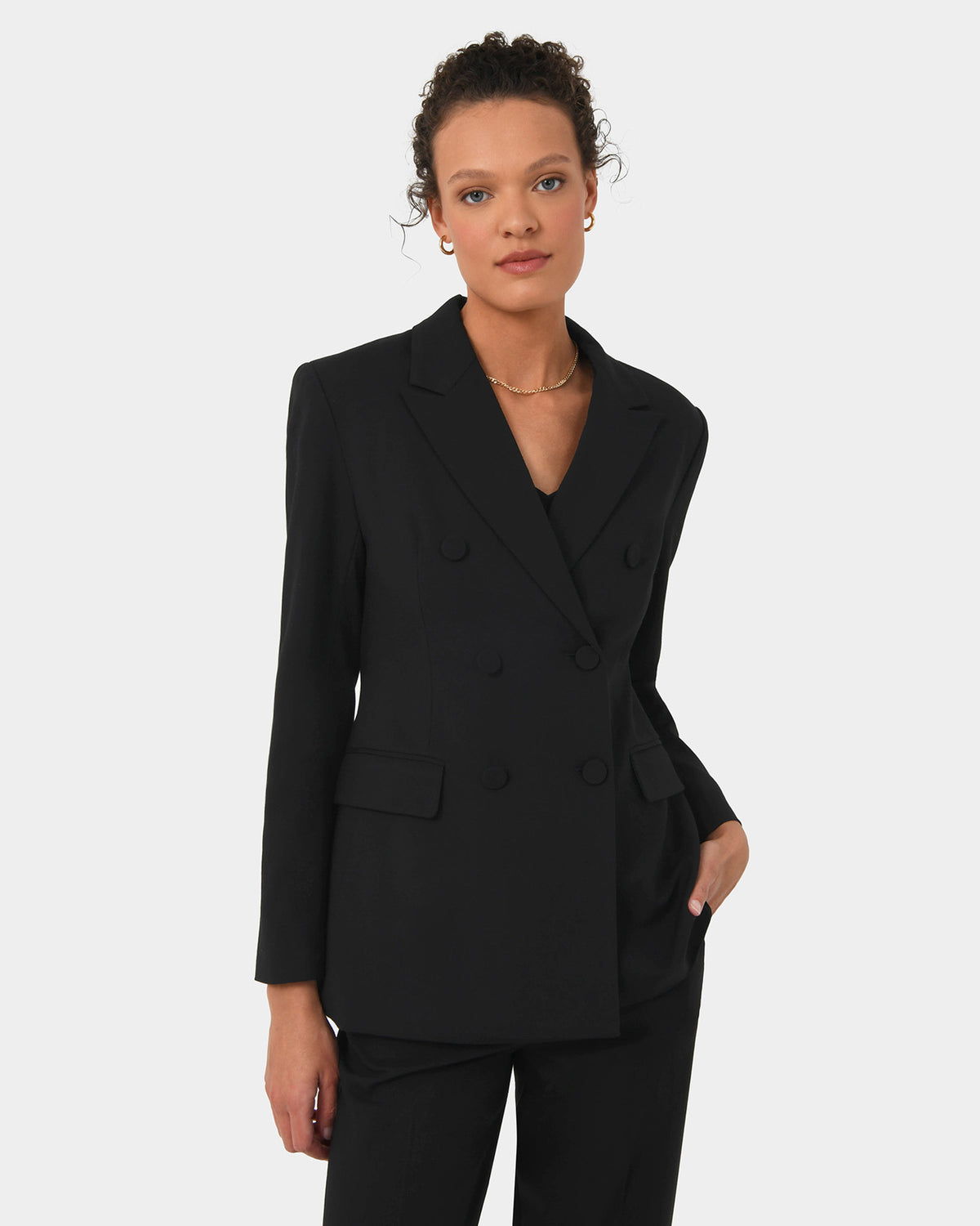Emani Double Breasted Blazer in black — close-up view