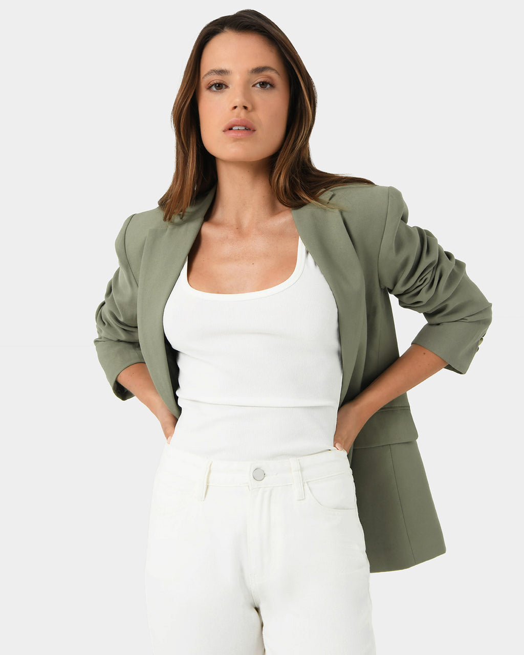 Janis Single Breasted Blazer in light khaki — close-up view