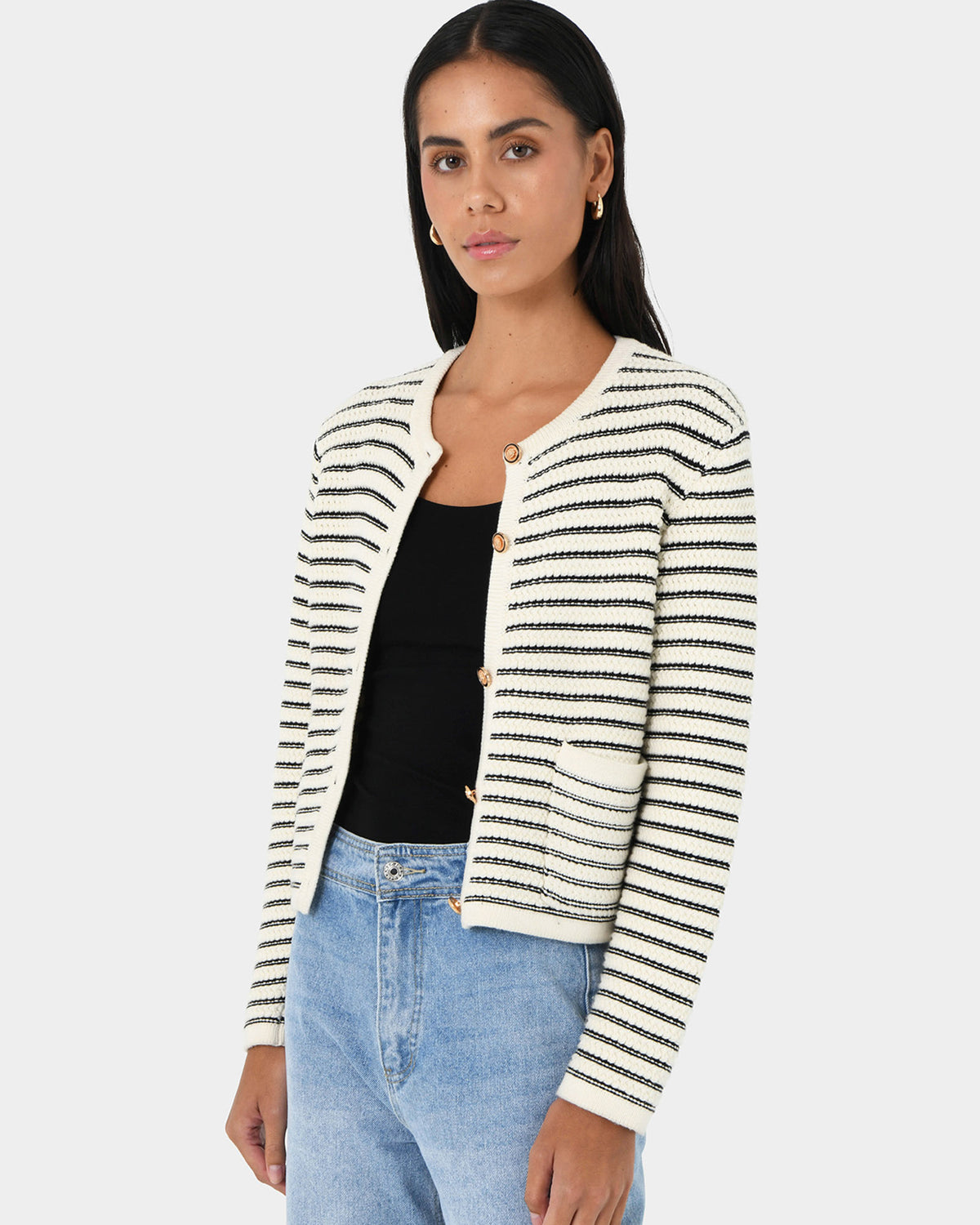 Hollis Texture Stripe Cardigan in ivory — close-up view 2