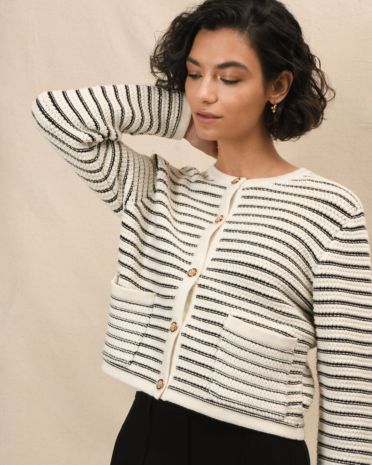 Hollis Texture Stripe Cardigan in ivory — close-up view 4