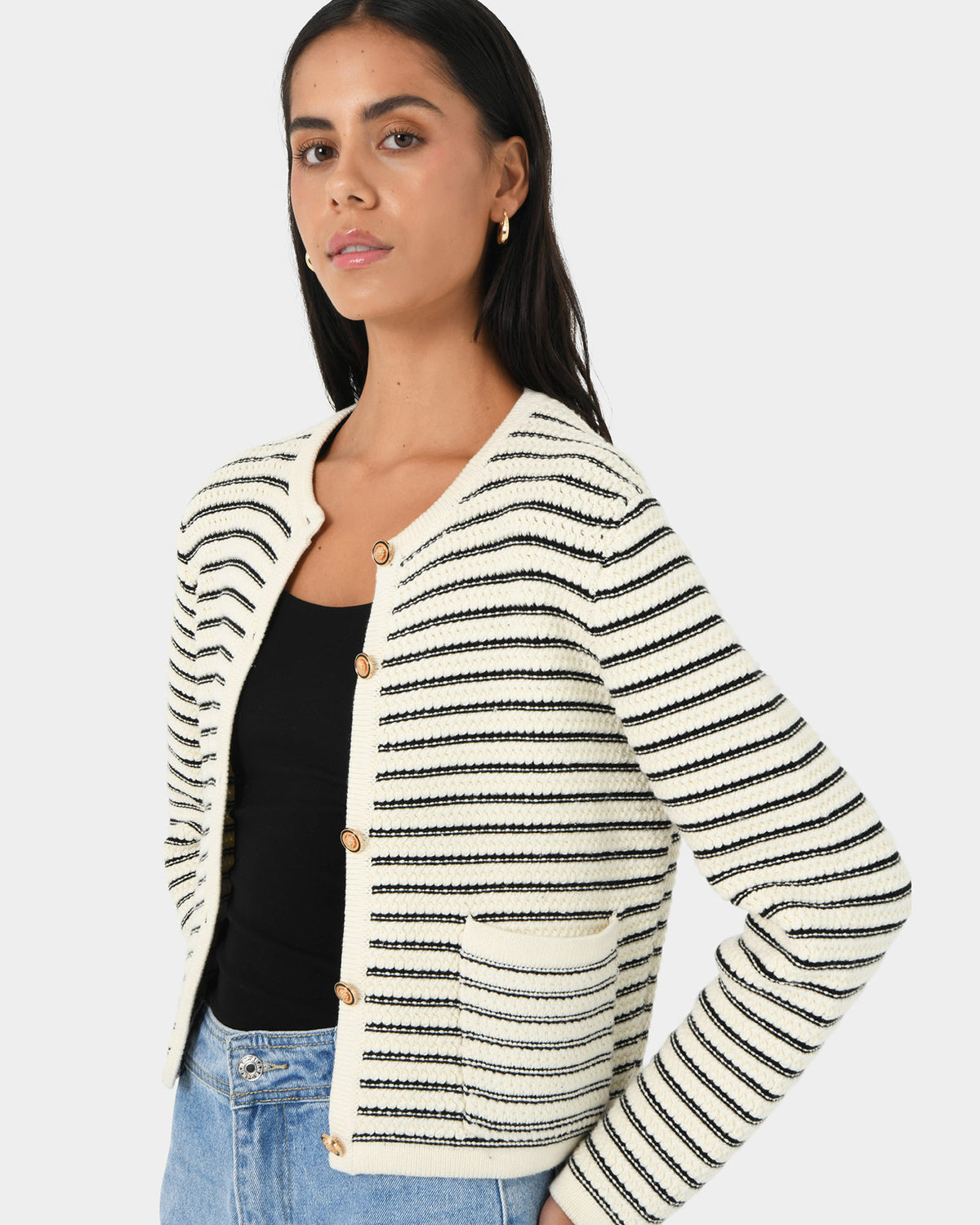 Hollis Texture Stripe Cardigan in ivory — side view