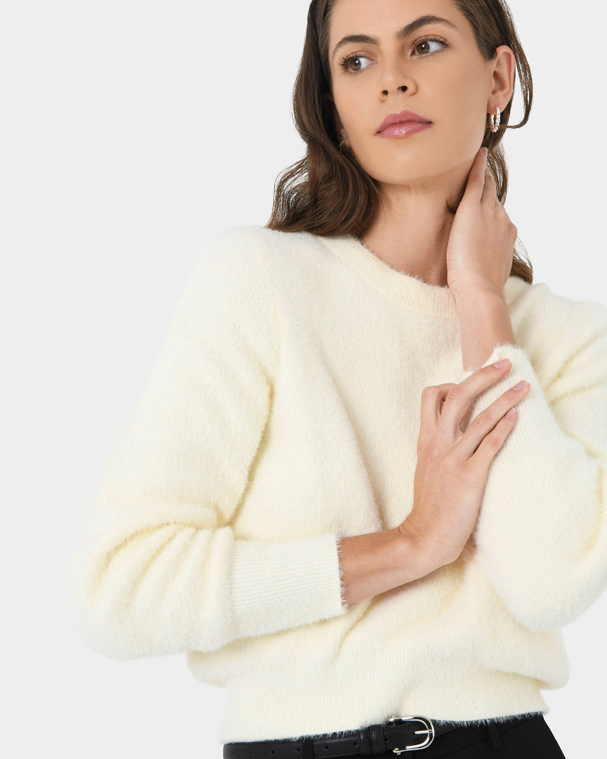 Haisley Fluffy Crewneck Knit in ivory — close-up view