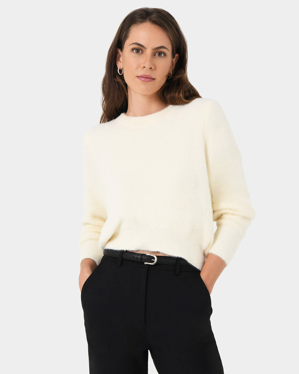Haisley Fluffy Crewneck Knit in ivory — close-up view 3
