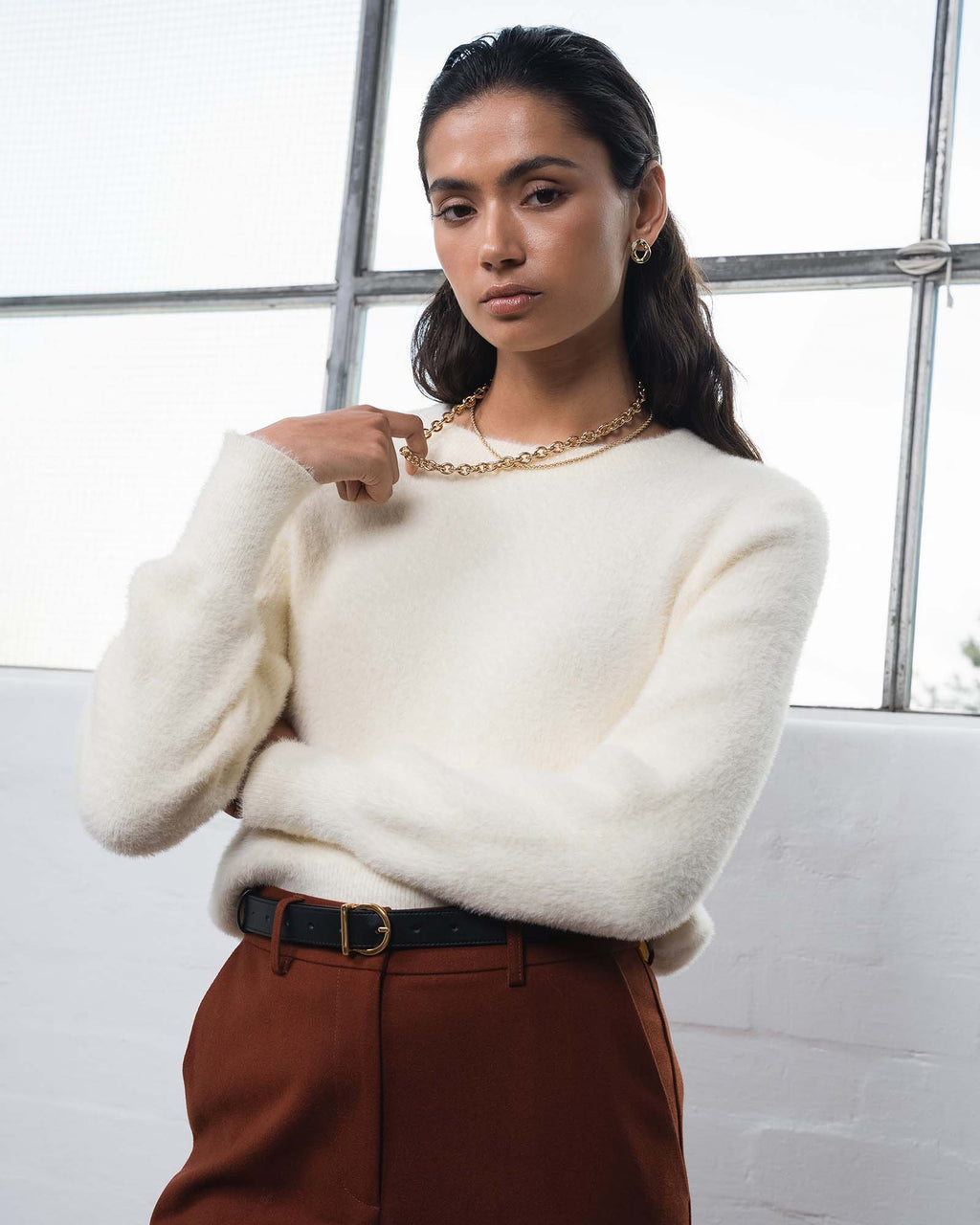 Haisley Fluffy Crewneck Knit in ivory — close-up view 4