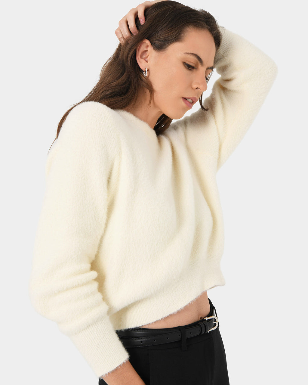 Haisley Fluffy Crewneck Knit in ivory — side view