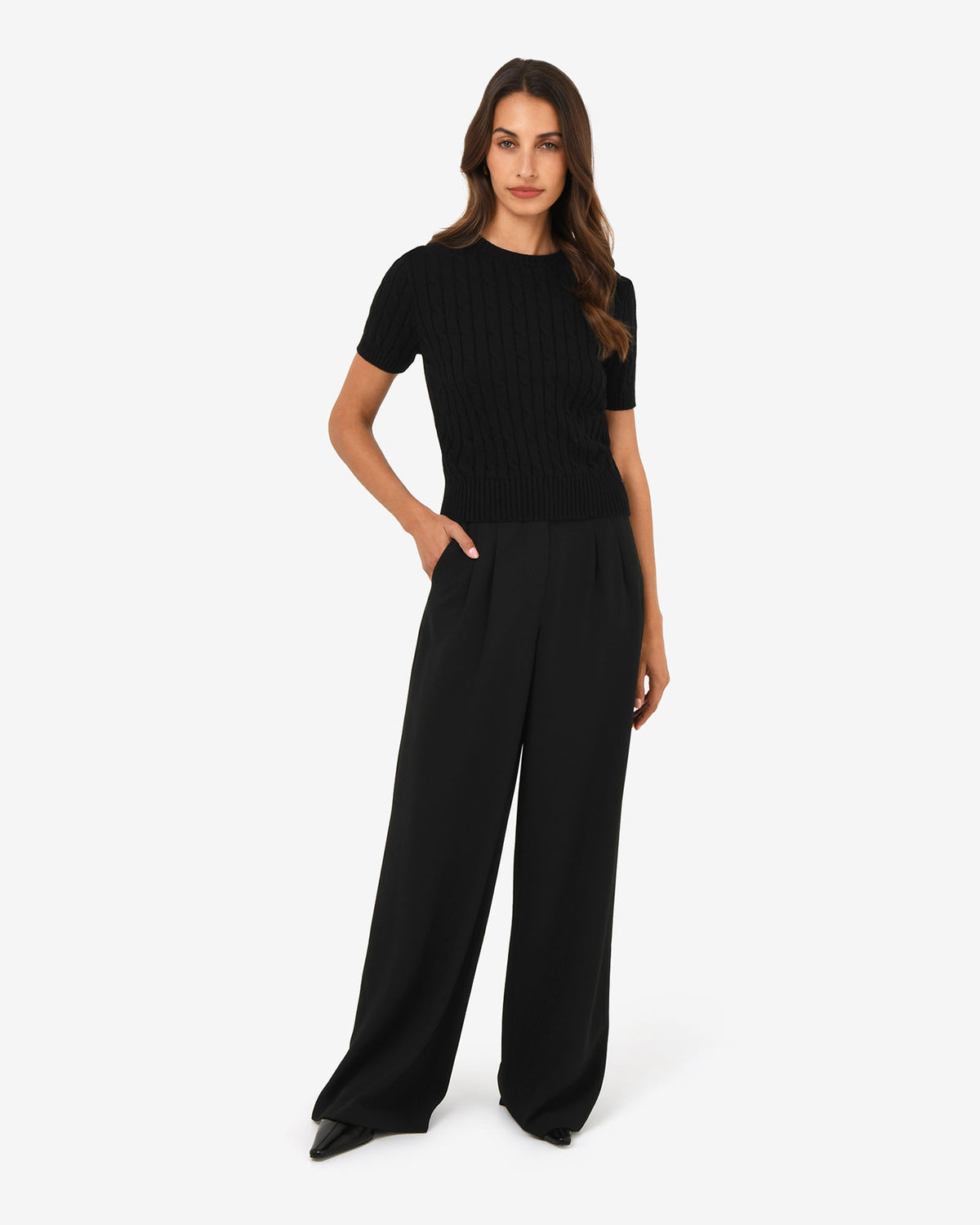 Anita Short Sleeve Cable Knit in black — full-length view