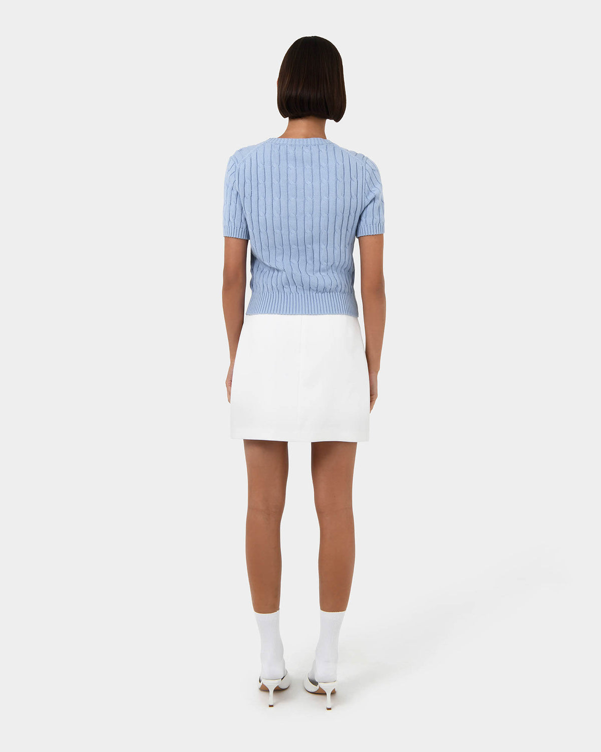 Anita Short Sleeve Cable Knit in powder blue — back view