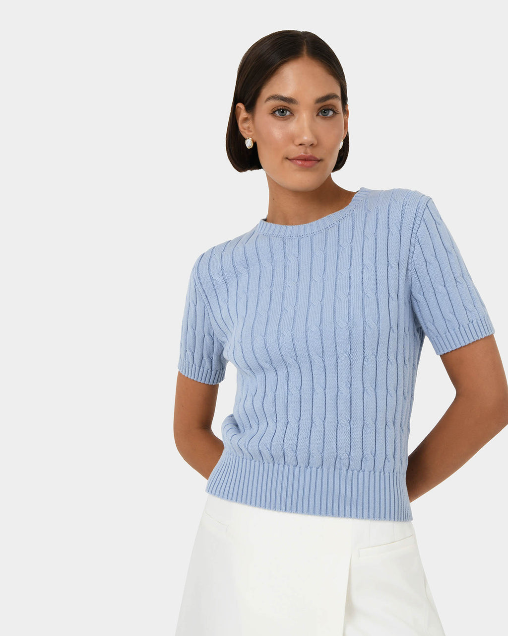 Anita Short Sleeve Cable Knit in powder blue — close-up view