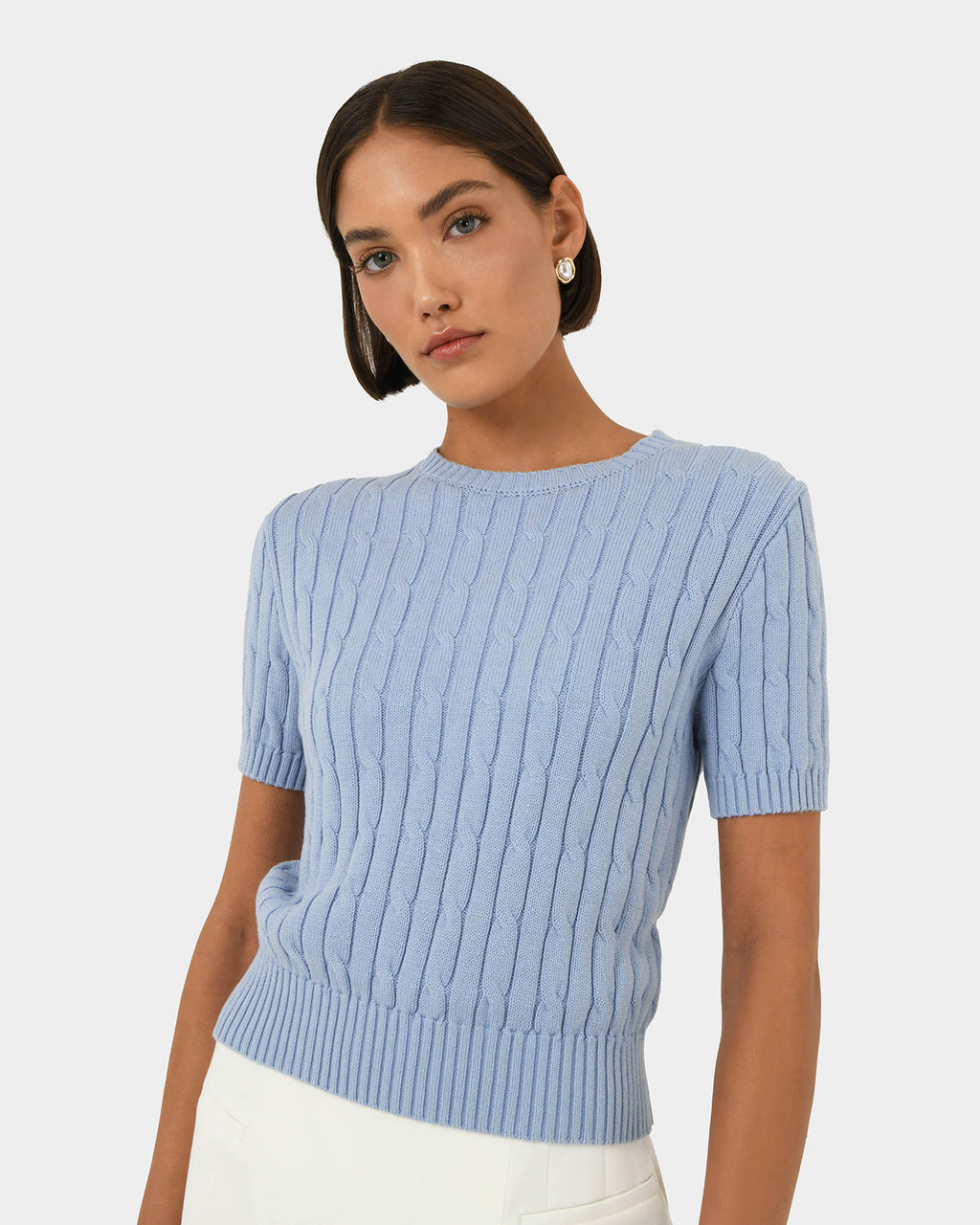 Anita Short Sleeve Cable Knit in powder blue — close-up view 2
