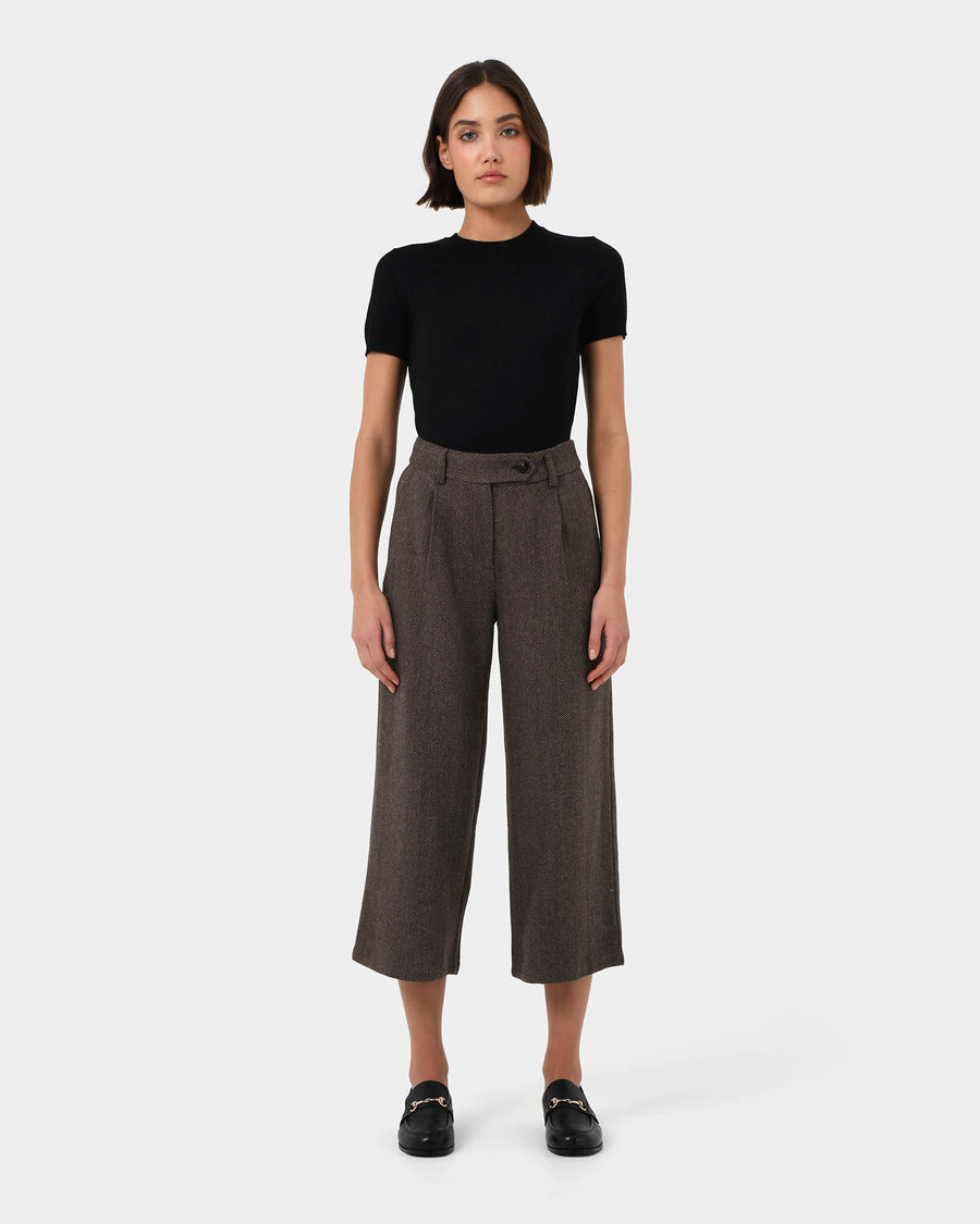 Kyrie Herringbone Culotte in brown — full-length view