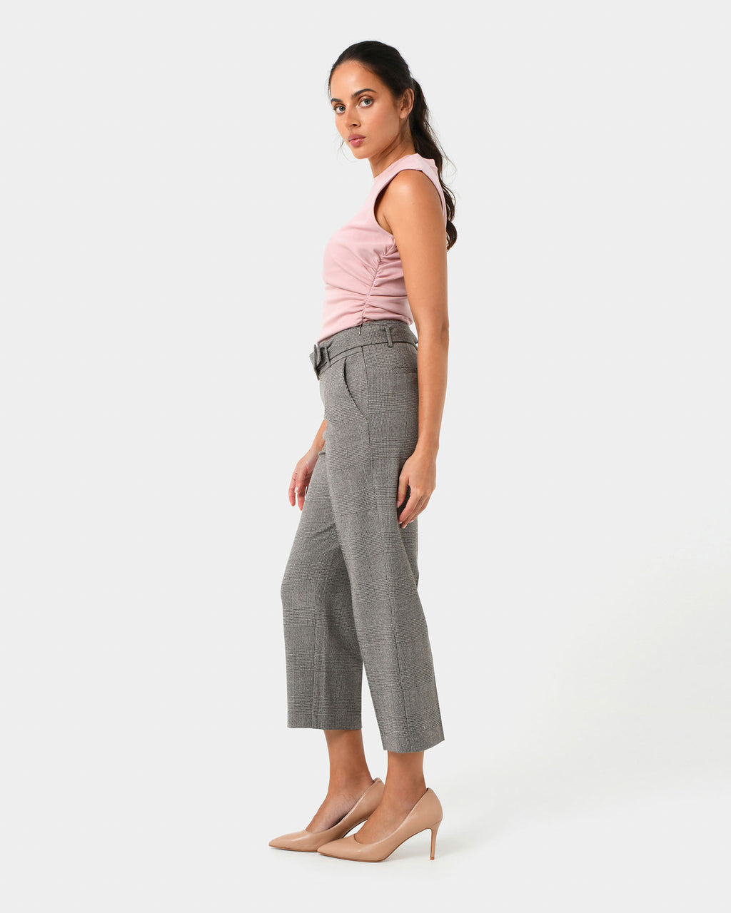 Kai Checked Crop Pants in beige black — side view