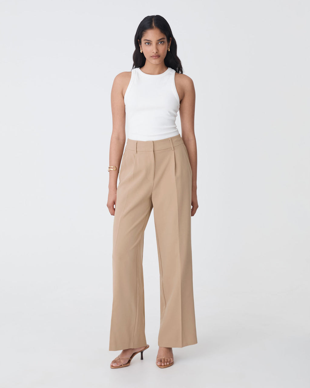 Nikki Tailored Elastic Pants in warm taupe — full-length view 2