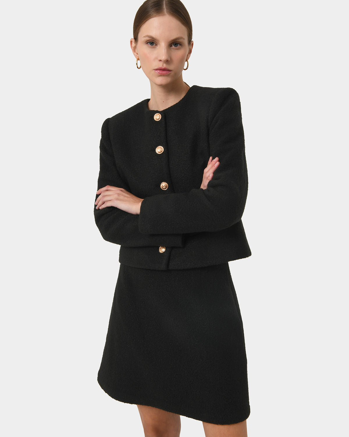 Zahra Boucle Yarn Mini Skirt in black — close-up view