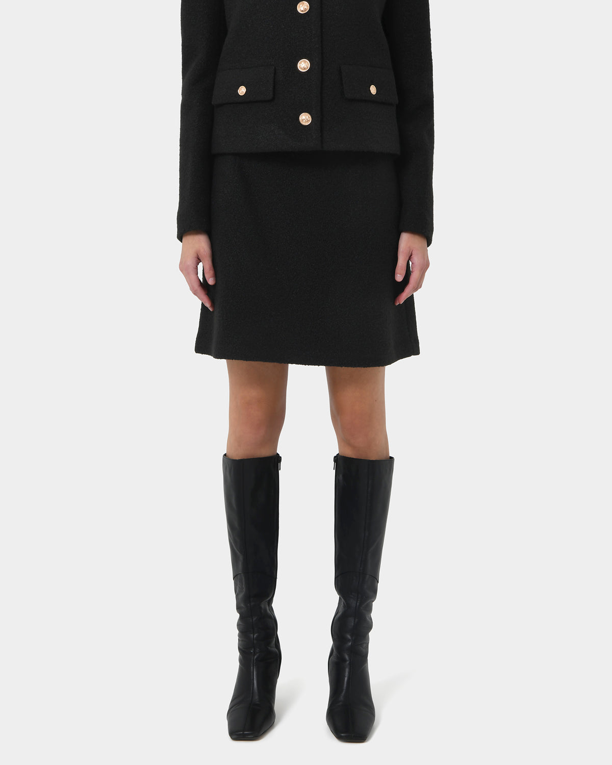 Zahra Boucle Yarn Mini Skirt in black — close-up view 2