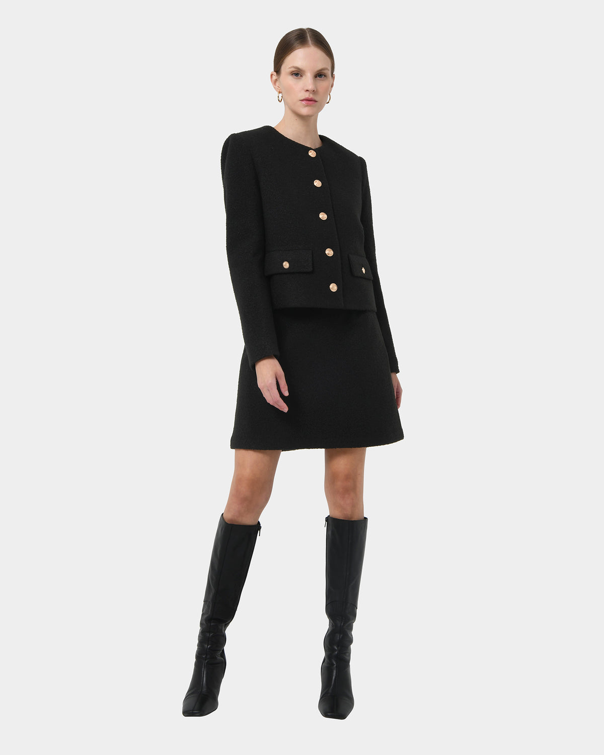 Zahra Boucle Yarn Mini Skirt in black — full-length view